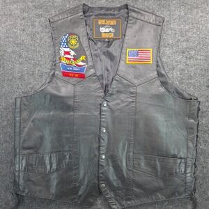 Silver Bike Mens XL Leather Motorcycle Vest US Navy Star Vets Patch Biker Black